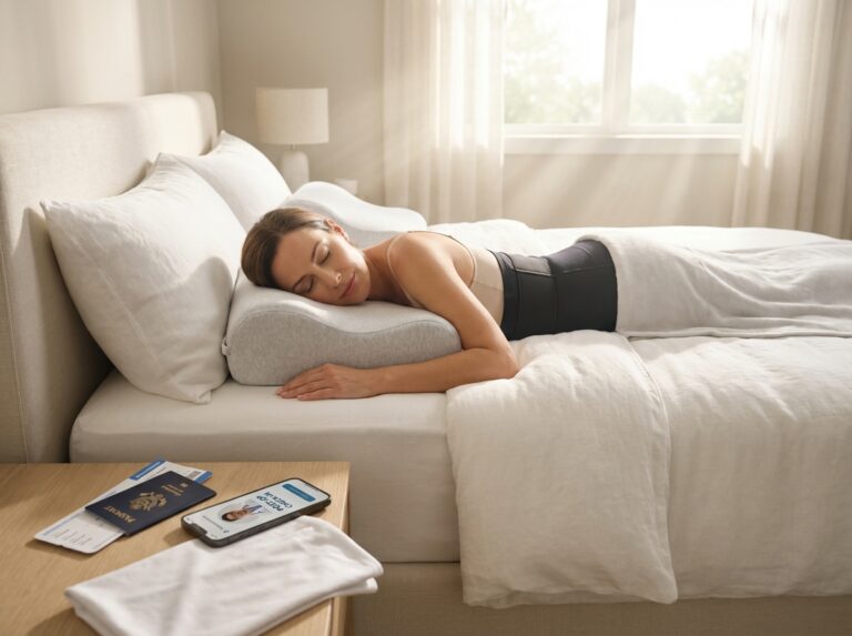 Patient lying prone on bed using a contoured BBL pillow and wearing a compression garment with passport and plane ticket on bedside table indicating surgery abroad and recovery planning