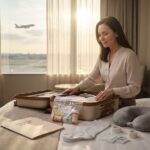 Patient packing a carry-on with medical documents, labeled prescription bottles, wound dressings, compression socks and travel pillow in a hotel room with an airplane visible outside.