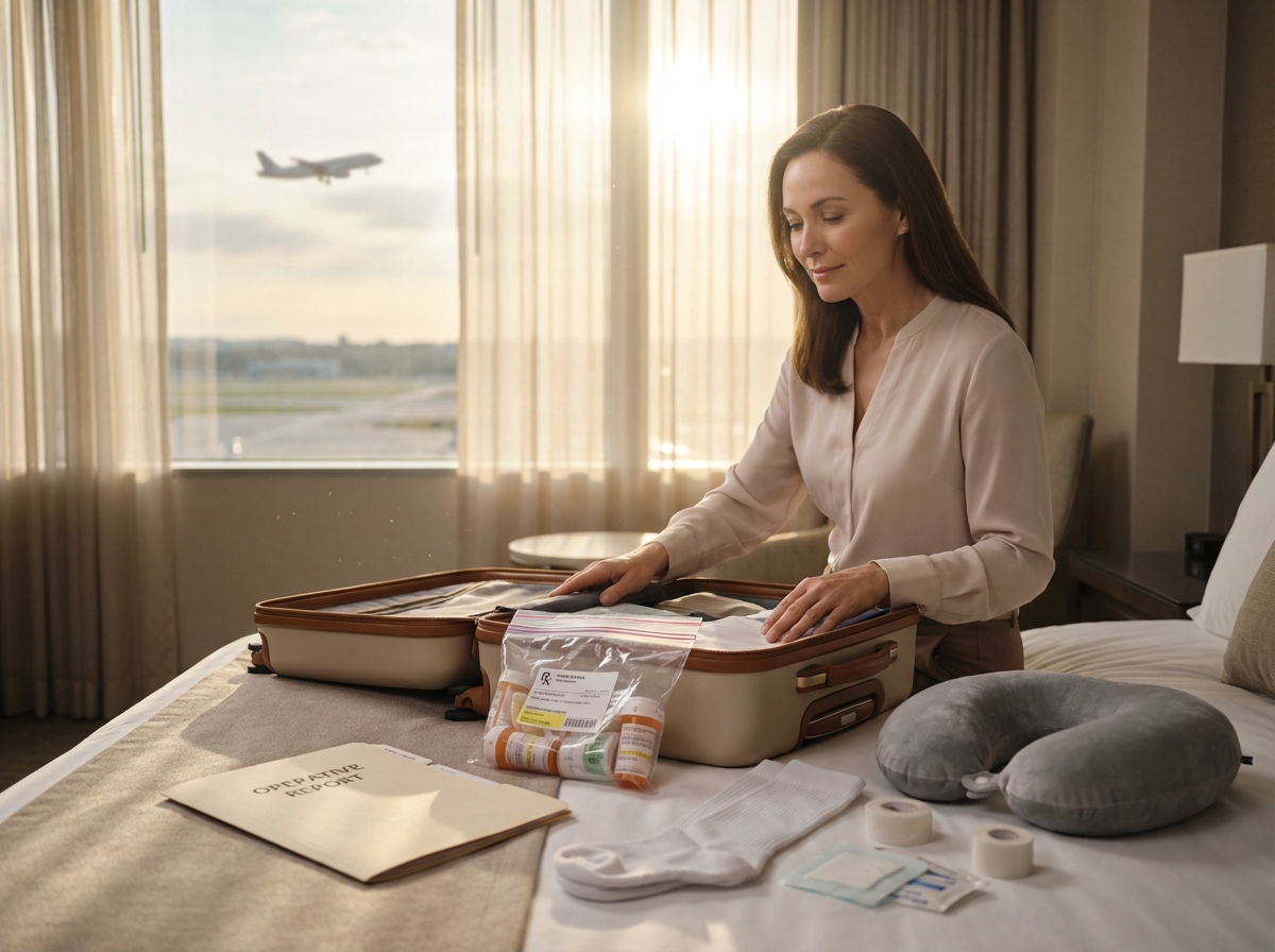 Patient packing a carry-on with medical documents, labeled prescription bottles, wound dressings, compression socks and travel pillow in a hotel room with an airplane visible outside.