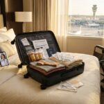 Open carry on suitcase with prescription bottles, discharge papers, compression stockings, wound dressings, travel pillow and boarding pass ready for travel home after surgery abroad