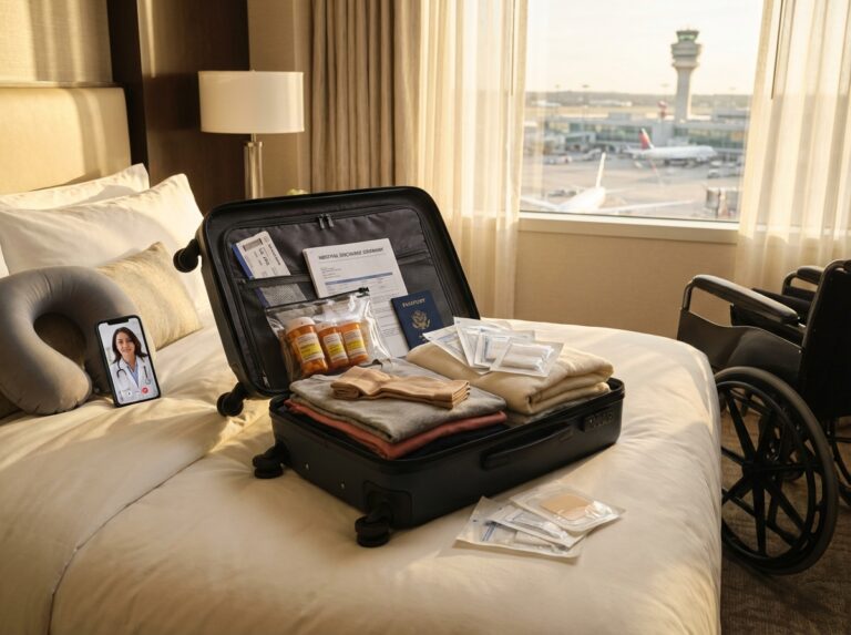 Open carry on suitcase with prescription bottles, discharge papers, compression stockings, wound dressings, travel pillow and boarding pass ready for travel home after surgery abroad
