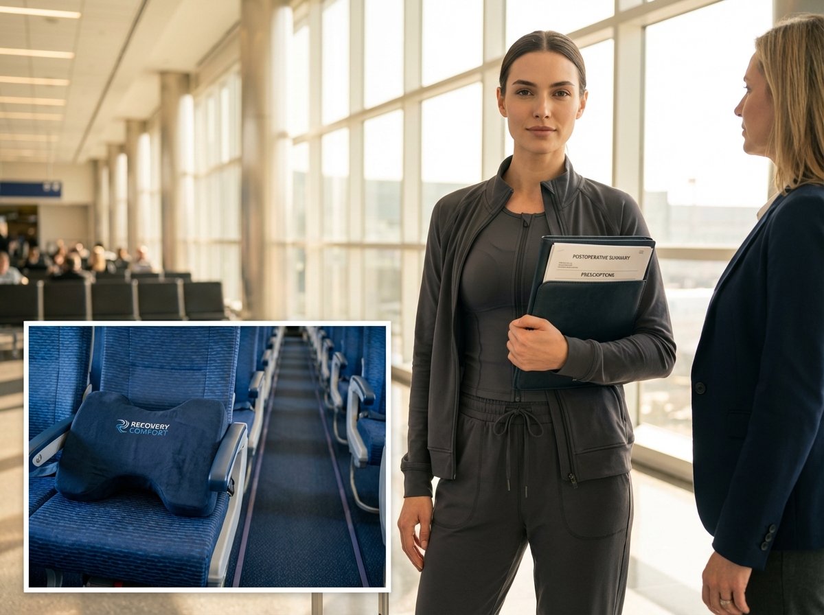 Traveler at an airport with a specialized BBL travel pillow on an airplane seat compression garment and medical paperwork ready for safe post‑op travel