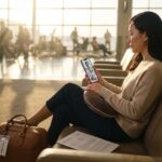 Patient at airport gate wearing compression stockings and holding a donut cushion with medical paperwork visible on the seat