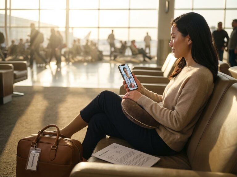 Patient at airport gate wearing compression stockings and holding a donut cushion with medical paperwork visible on the seat