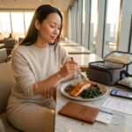 Patient at airport with anti-inflammatory meal, passport, medication pouch and aftercare checklist, preparing to travel home after surgery abroad