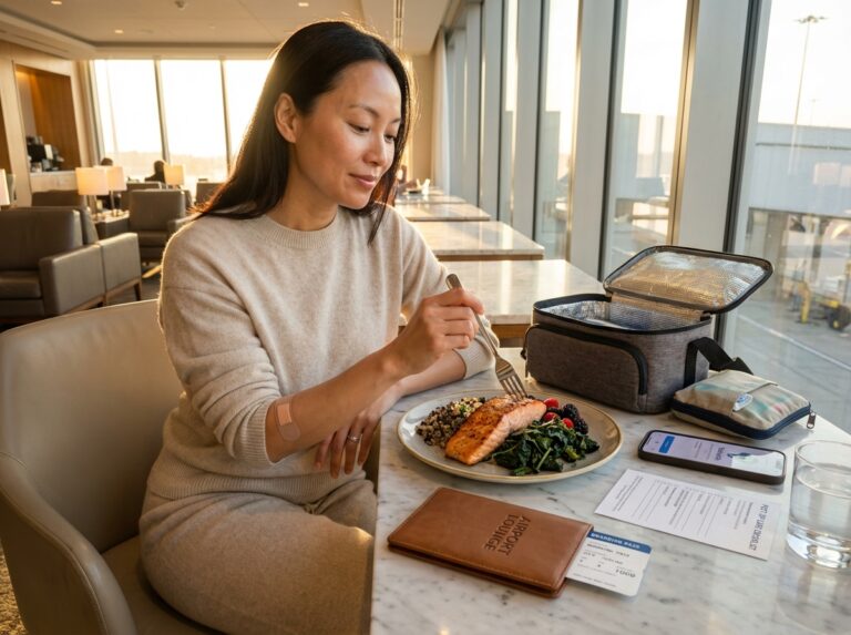 Patient at airport with anti-inflammatory meal, passport, medication pouch and aftercare checklist, preparing to travel home after surgery abroad