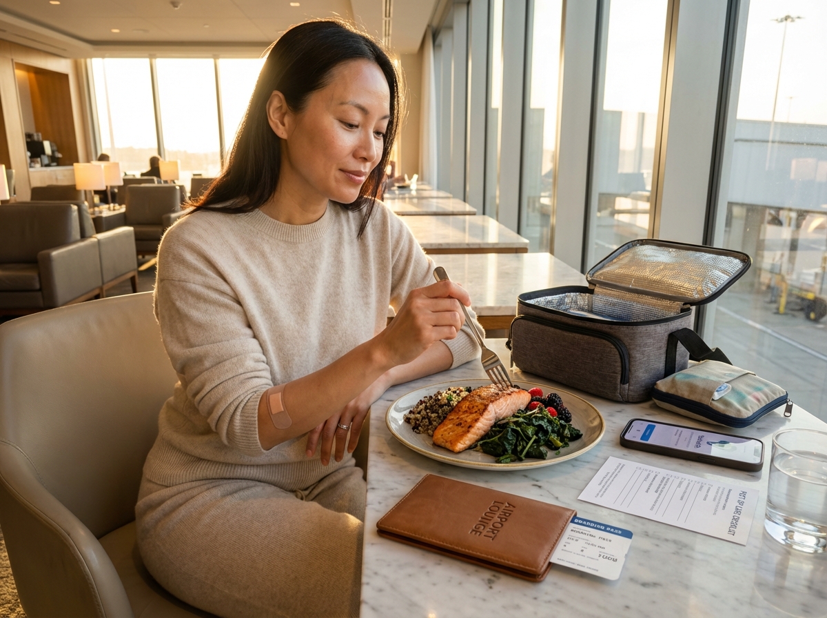 Patient at airport with anti-inflammatory meal, passport, medication pouch and aftercare checklist, preparing to travel home after surgery abroad