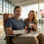 Patient in airport wheelchair with surgical dressing holding passport and medical records, nurse nearby, travel medical atmosphere