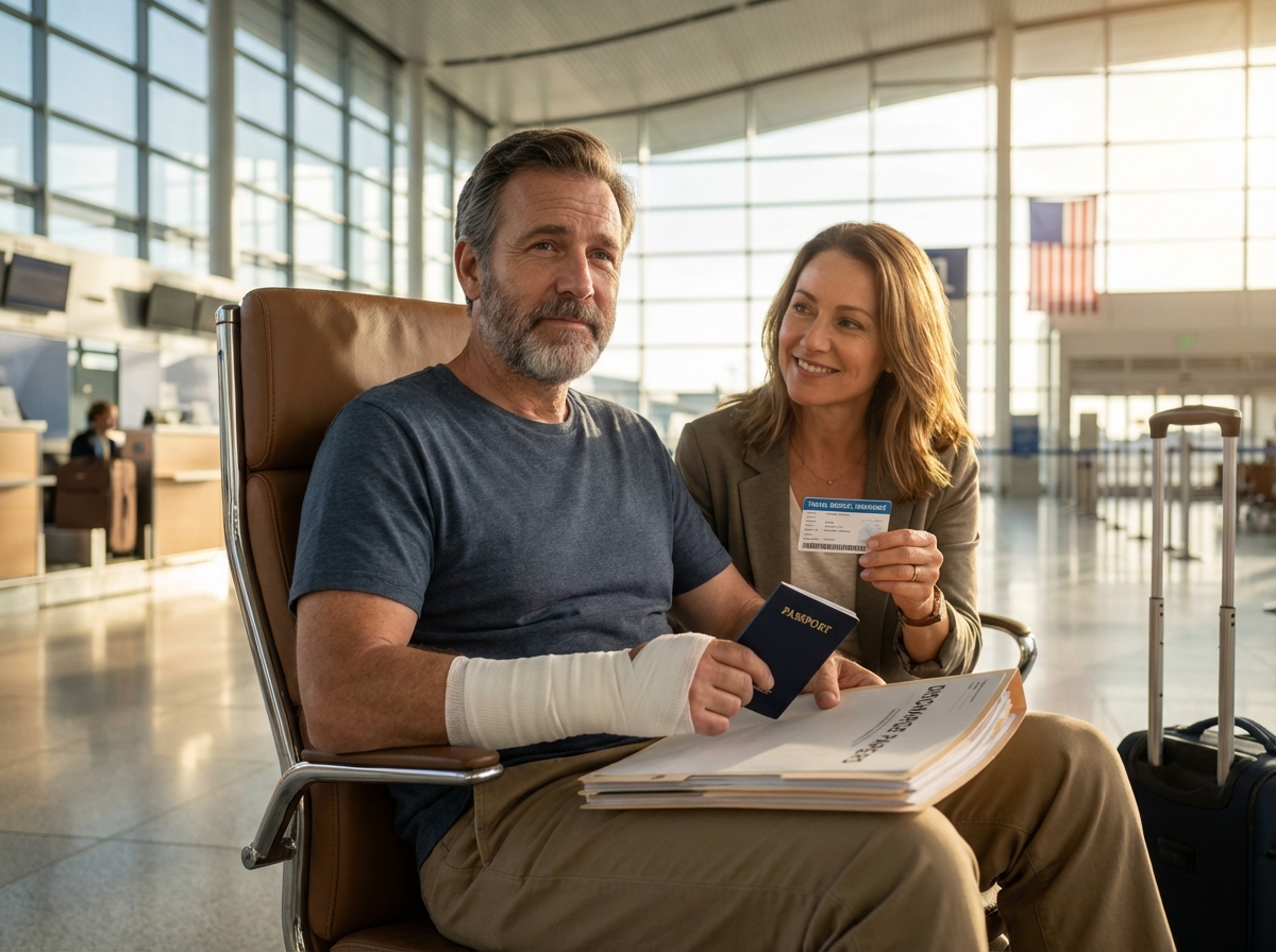 Patient in airport wheelchair with surgical dressing holding passport and medical records, nurse nearby, travel medical atmosphere