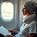 Passenger seated upright on an airplane wearing a loose cotton hat and neck pillow with travel medications and post‑op instructions visible in carry‑on