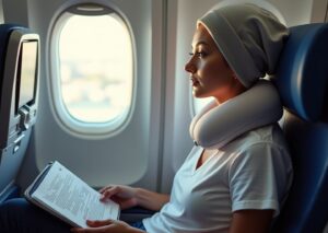 Passenger seated upright on an airplane wearing a loose cotton hat and neck pillow with travel medications and post‑op instructions visible in carry‑on