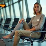 Traveler at an airport wearing a knee‑high compression sock, with medical paperwork and incision dressing visible, preparing to board a US‑bound flight