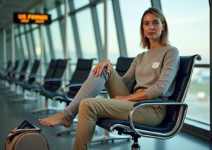 Traveler at an airport wearing a knee‑high compression sock, with medical paperwork and incision dressing visible, preparing to board a US‑bound flight