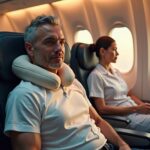 Passenger on an airplane wearing a soft neck pillow and a loose protective cap, with travel medical supplies on the tray, protecting recent hair transplant grafts during flight