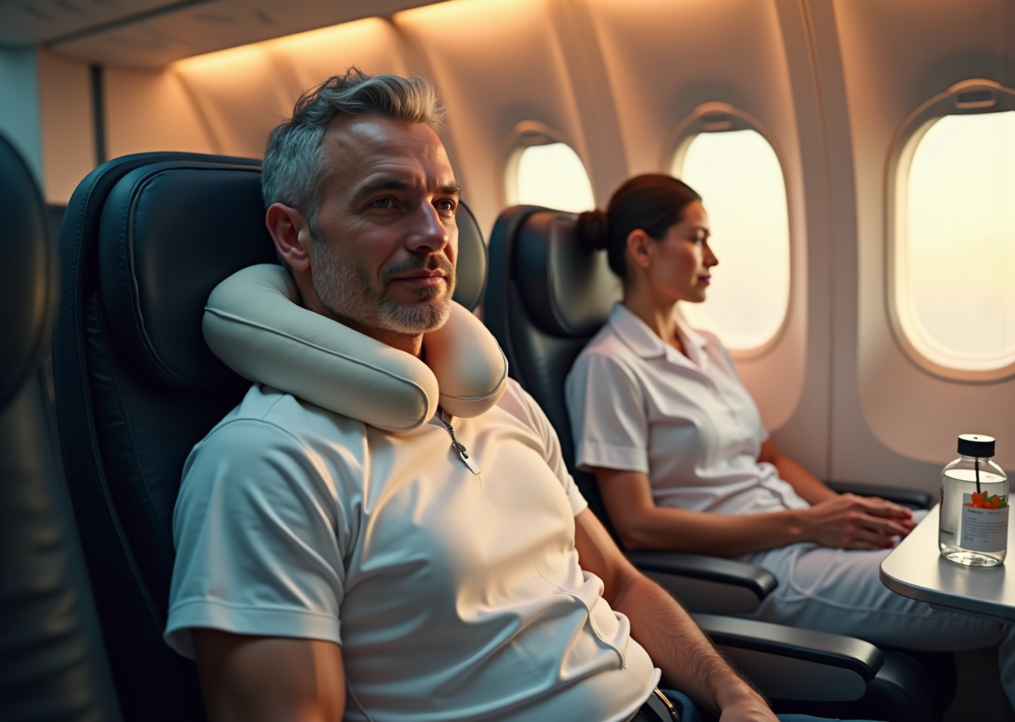 Passenger on an airplane wearing a soft neck pillow and a loose protective cap, with travel medical supplies on the tray, protecting recent hair transplant grafts during flight