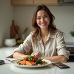 Patient at home with light dressing at abdomen sitting at table with anti inflammatory foods, passport and telemedicine on phone indicating recovery and travel planning