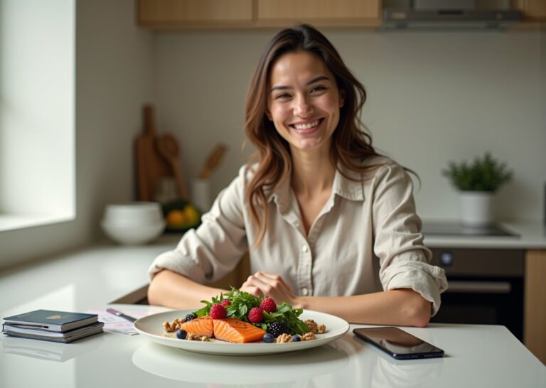 Patient at home with light dressing at abdomen sitting at table with anti inflammatory foods, passport and telemedicine on phone indicating recovery and travel planning