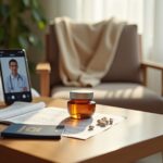 Bedside with arnica cream, homeopathic pellets, surgical discharge paperwork, passport and compression stockings illustrating surgery recovery and travel home after treatment abroad