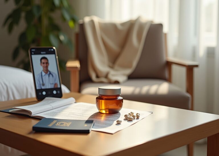 Bedside with arnica cream, homeopathic pellets, surgical discharge paperwork, passport and compression stockings illustrating surgery recovery and travel home after treatment abroad