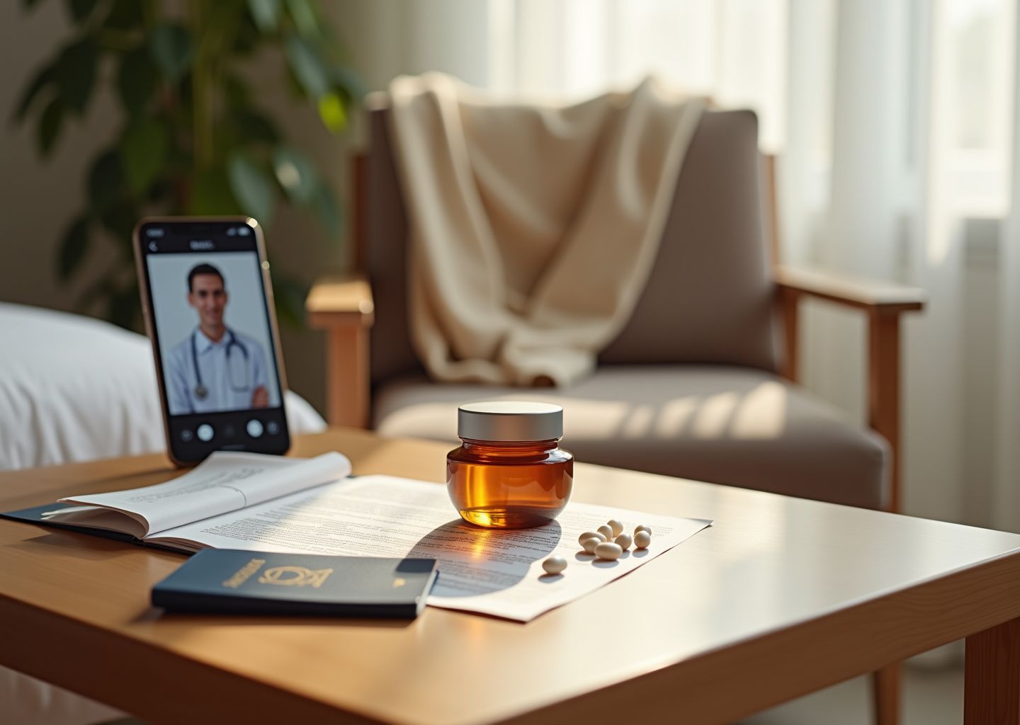 Bedside with arnica cream, homeopathic pellets, surgical discharge paperwork, passport and compression stockings illustrating surgery recovery and travel home after treatment abroad