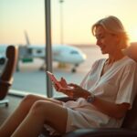 Passenger at an airport gate wearing a faja and compression socks, holding medical papers and a phone, ready to board a long flight after surgery