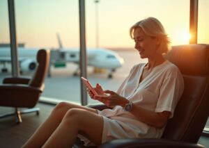 Passenger at an airport gate wearing a faja and compression socks, holding medical papers and a phone, ready to board a long flight after surgery