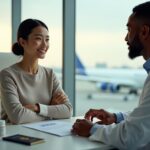 Patient with surgical dressing and passport consulting a US doctor with discharge papers and travel bag nearby