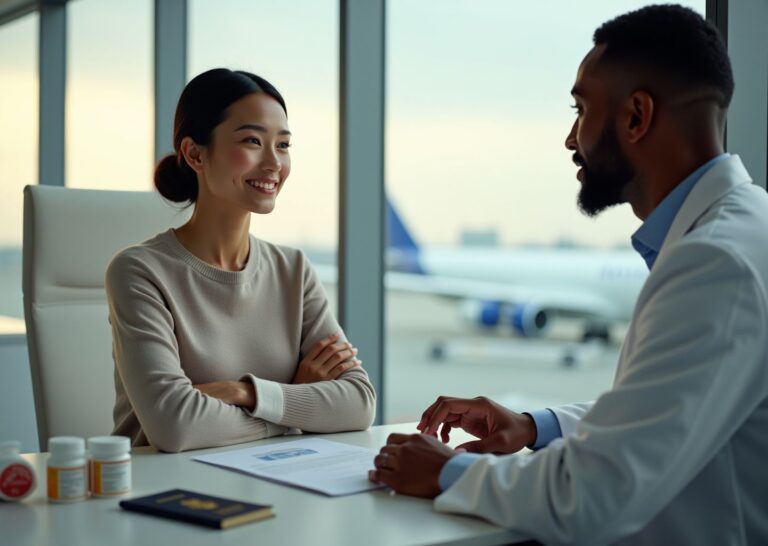 Patient with surgical dressing and passport consulting a US doctor with discharge papers and travel bag nearby